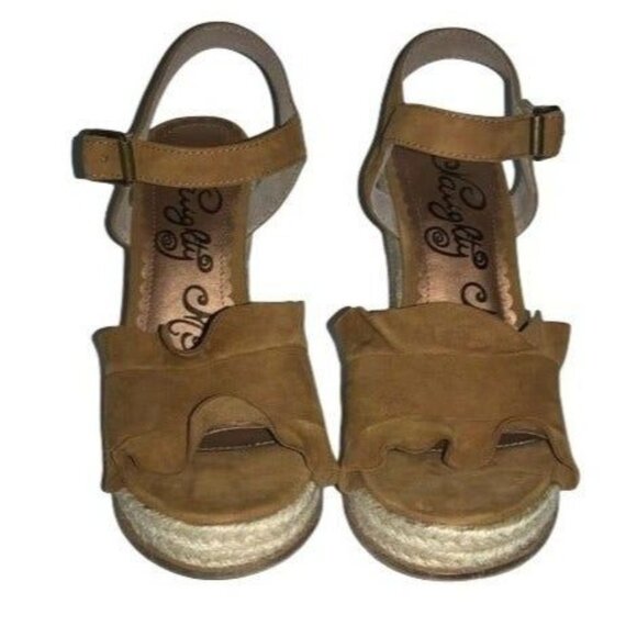 Naughty Monkey Love & Laugh Wedge Sandals Size 6 Tan Suede Espadrille 3.5" Heel - Picture 1 of 5